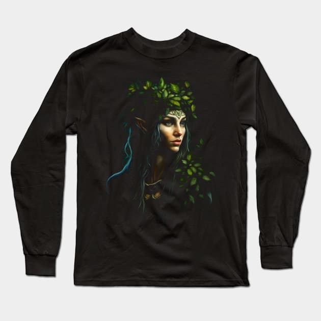 Wood Elf Forest Woman Fantasy Art Long Sleeve T-Shirt by Ravenglow